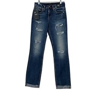 Silver Beau Girlfriend Fit Jeans Size 25 Mid Rise Ripped Stretch Denim Indigo